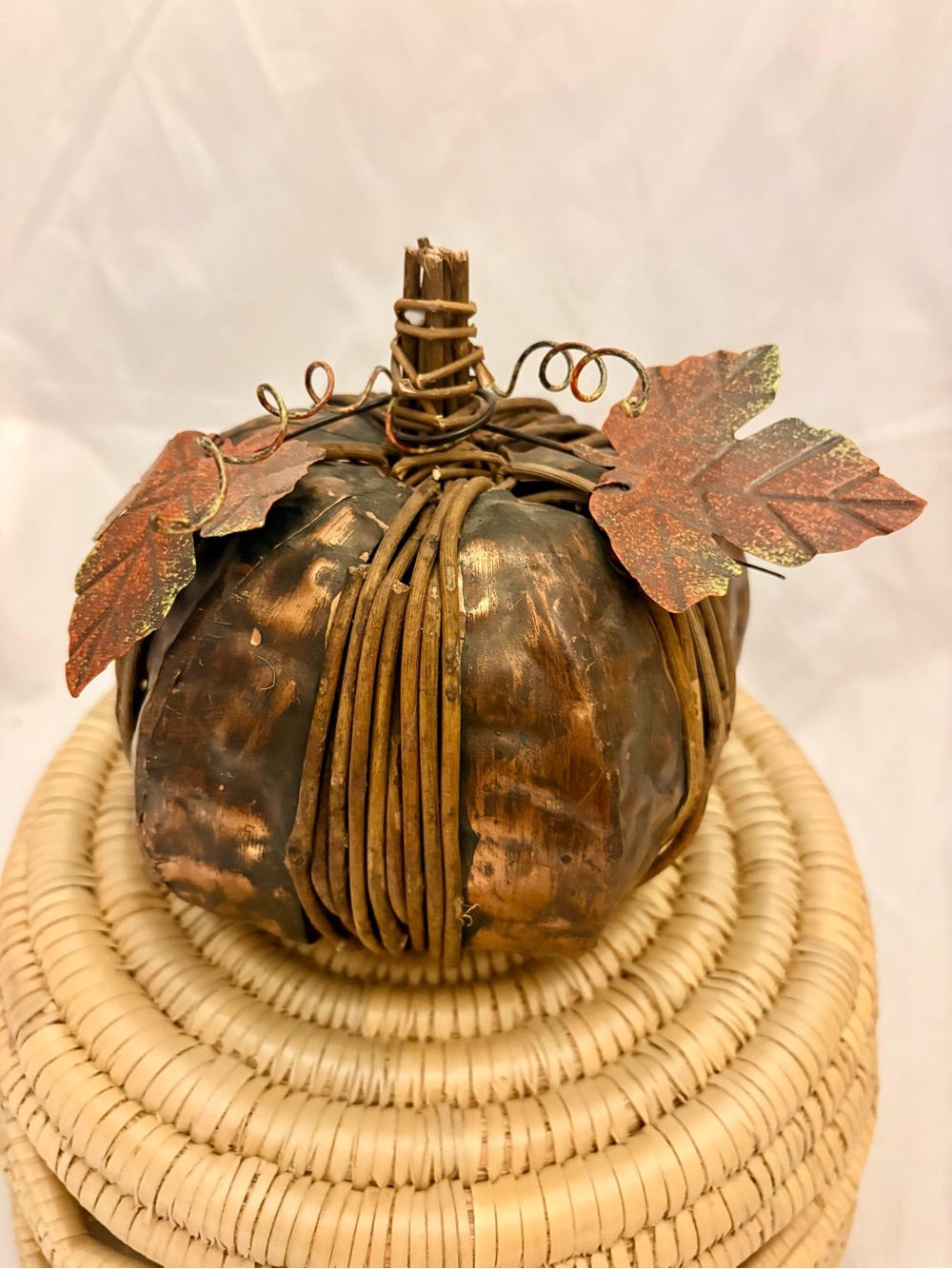 Decorative Hammered Copper and Woven Rattan Pumpkin Accent - Fall Tabletop Decor